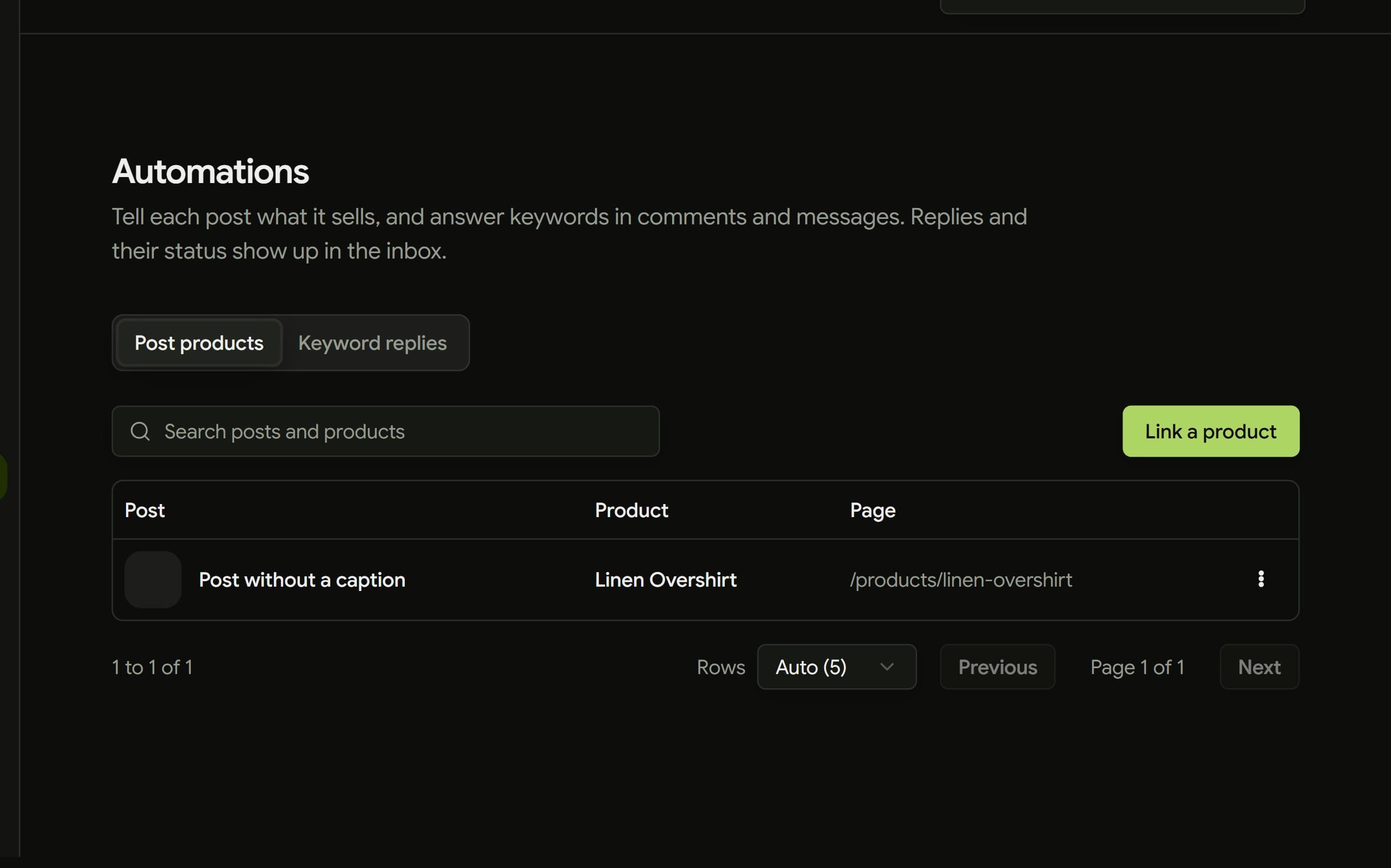 The automations page listing a post linked to a product