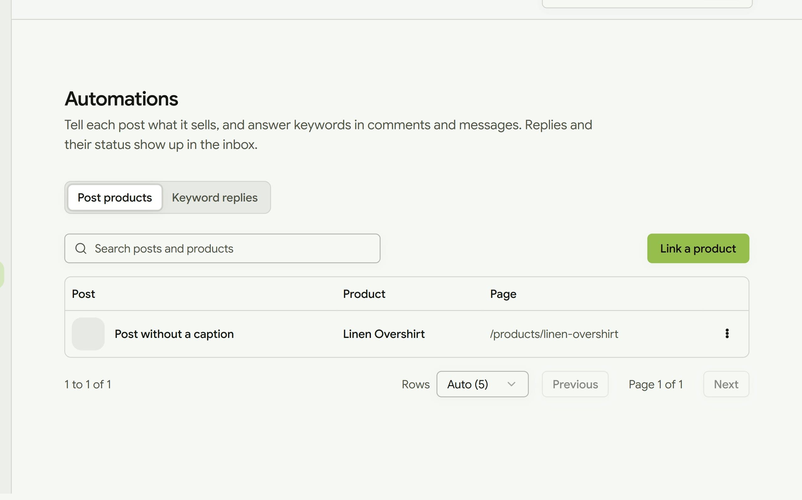 The automations page listing a post linked to a product