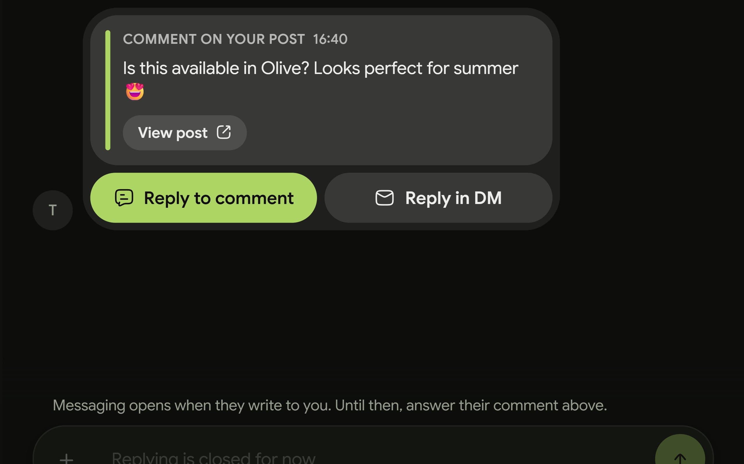A customer comment on a post with public reply and private message buttons