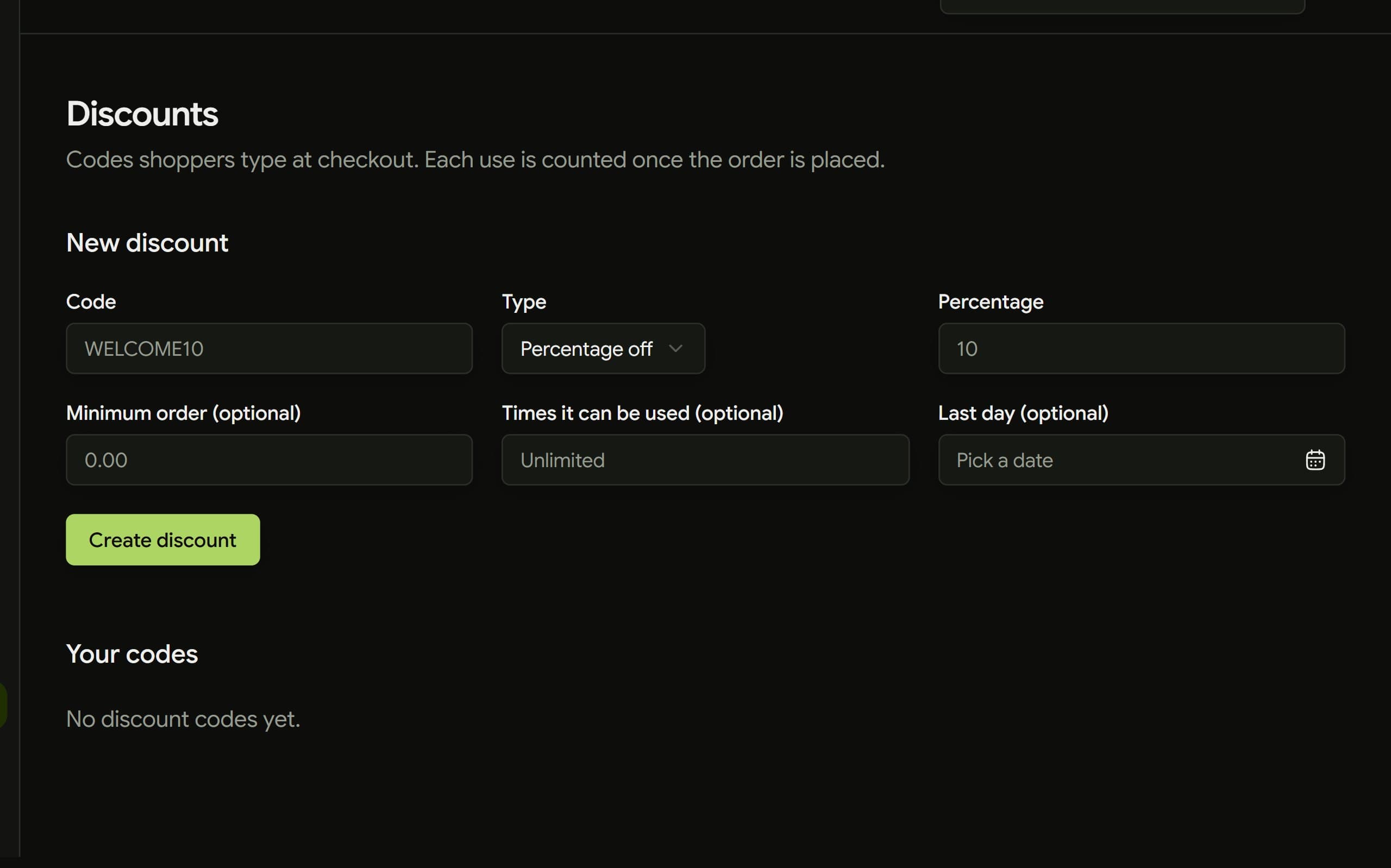 The discount codes page