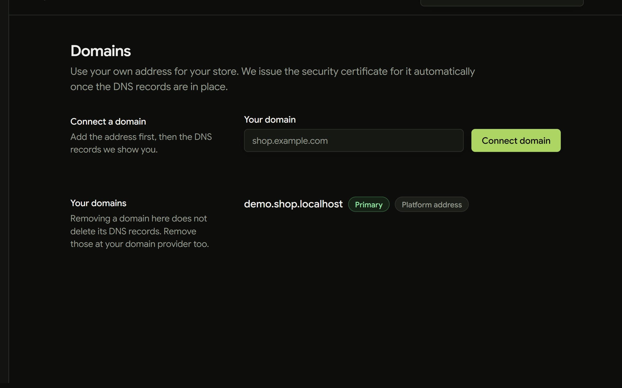 The domain settings page