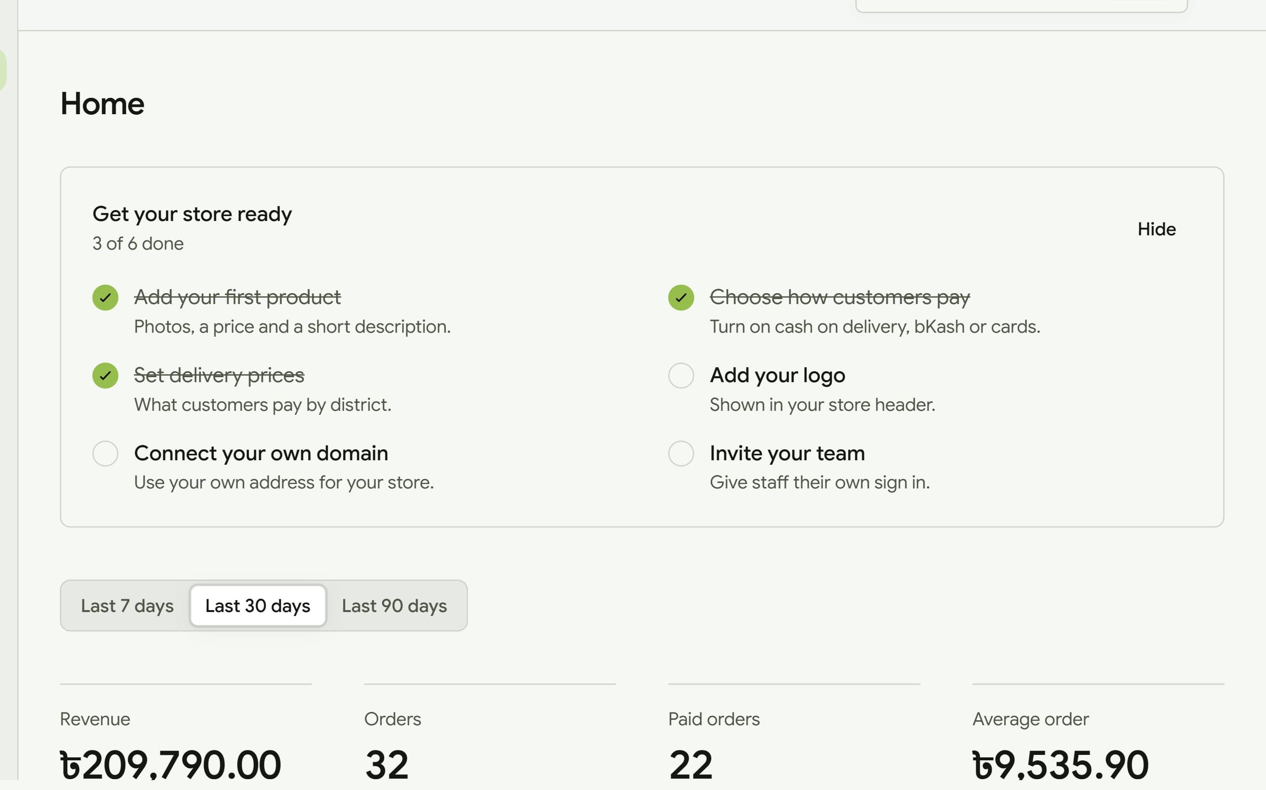 The admin home page with a setup checklist and revenue totals