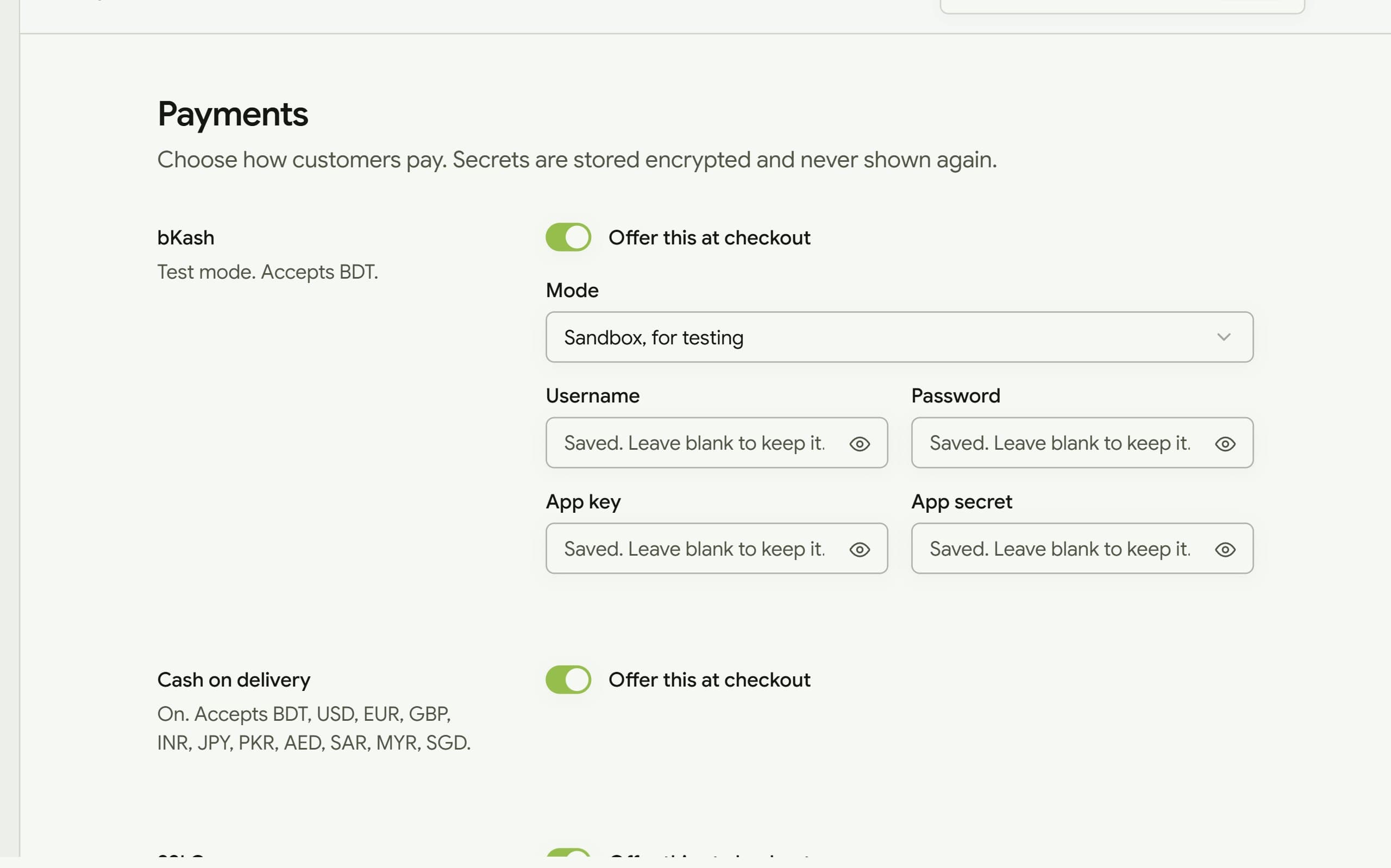 The payments settings page with bKash and cash on delivery switched on